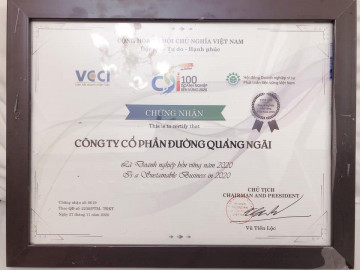 Công ty CP Đường Quảng Ngãi được vinh danh Doanh nghiệp bền vững năm 2020