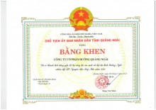 Bằng khen  của UBND tỉnh Quảng Ngãi khen tặng Công ty Cổ phần Đường Quảng Ngãi