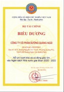 Bộ tài chính biểu dương đơn vị đã nỗ lực vượt khó và có đóng góp lớn vào ngân sách nhà nước giai đoạn 2020-2022